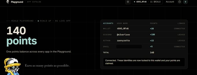 The image shows a "Rialo Playground" points dashboard displaying a user with "140 points" earned across connected accounts, including a Rialo wallet (+20), Discord (@n3verLove, +100), and GitHub (zannyzette, +15), all marked as connected/locked for claiming. This visual supports the post's announcement of the Rialo Early Point Program, where users earn points by linking their Gmail wallet and Discord, with GitHub support coming soon.