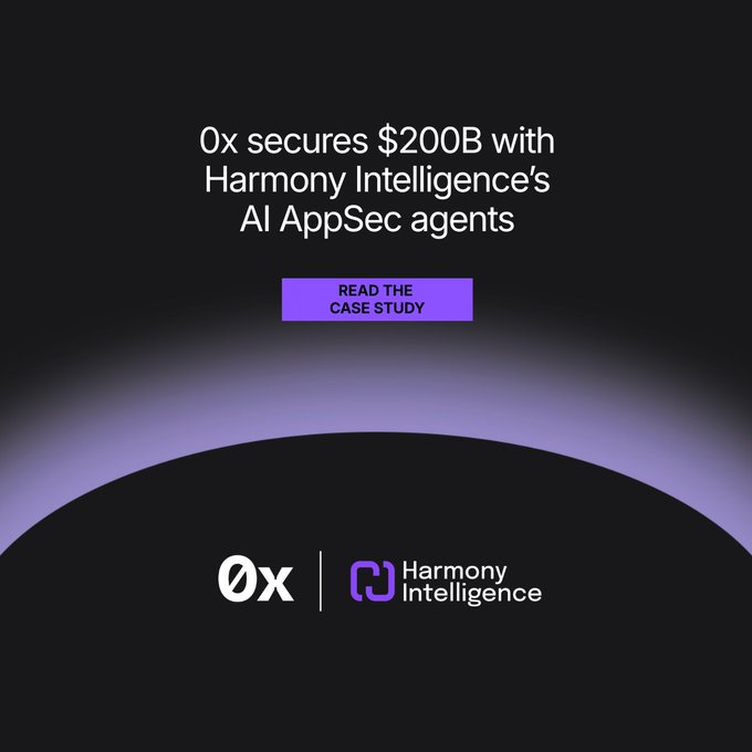 A promotional graphic stating '0x secures $200B with Harmony Intelligence's AI AppSec agents,' featuring a 'Read the Case Study' button and logos for 0x and Harmony Intelligence.