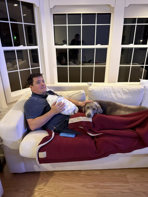 A man relaxes on a white couch with a Weimaraner dog and a baby wrapped in a striped blanket, covered by a maroon throw.