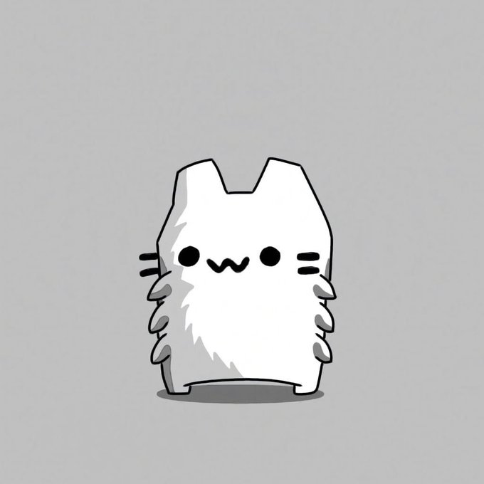 A simple cartoon drawing of a white, fluffy cat-like creature with small black eyes, whiskers, and a tiny mouth standing against a plain gray background.