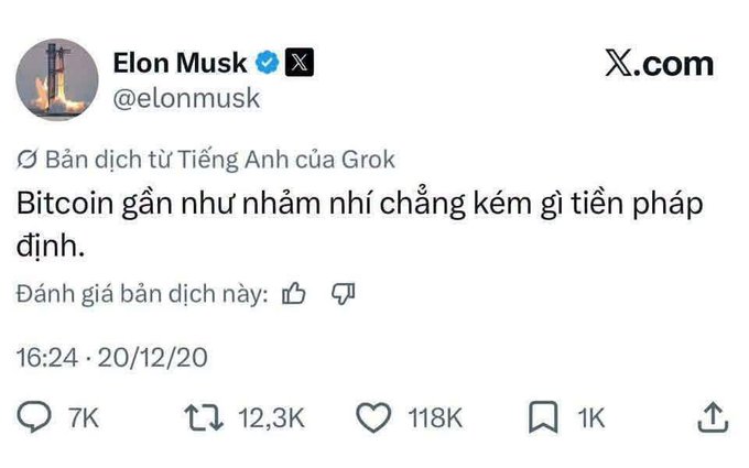 A screenshot of a tweet by Elon Musk (@elonmusk) translated to Vietnamese, stating 'Bitcoin gần như nhảm nhí chẳng kém gì tiền pháp định.' dated 20/12/20.