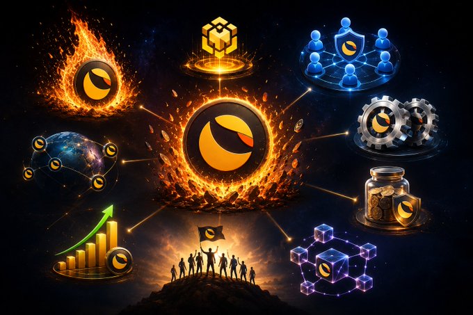 A fiery, eye-like central emblem surrounded by various icons—including a burning coin, gears, a jar of coins, growth chart, network nodes, and a silhouetted group raising a flag—illustrates the Terra Classic ($LUNC) community's coordinated efforts and economic strategies, particularly token burning, to combat supply expansion and restore value to the cryptocurrency.