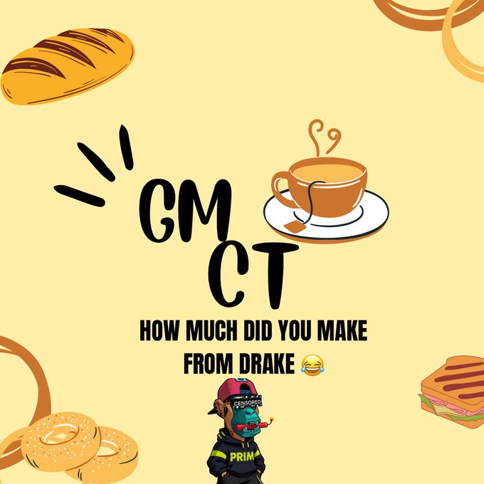 A cheerful "GM CT" graphic with a coffee cup and cartoon character poses the question "HOW MUCH DID YOU MAKE FROM DRAKE 😅" against a yellow background decorated with bread and donuts, humorously framing a Drake-related betting loss as a casual morning check-in.
