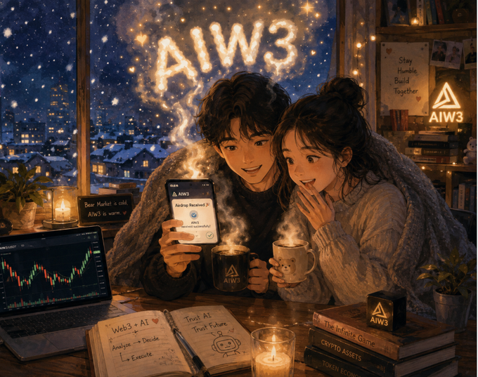 An anime-style illustration of a couple in cozy winter clothing under a glowing 'AIW3' sign, with a phone showing 'Airdrop Received', candles, a laptop with trading charts, and books including 'The Infinite Game', 'Crypto Assets', and 'Token Economy'.