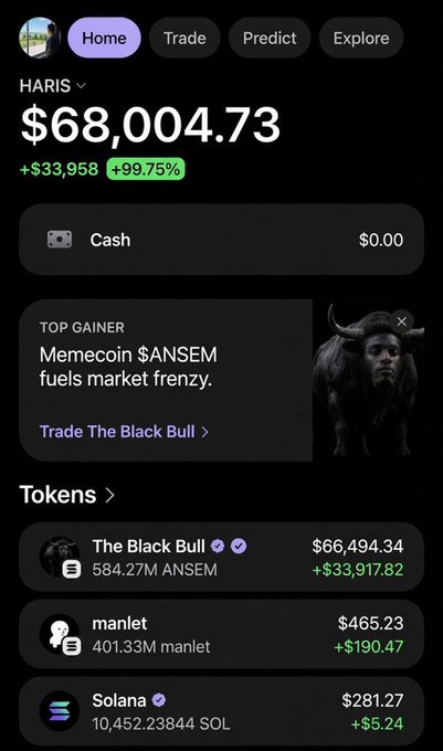 A mobile screenshot of a crypto portfolio under the username "HARIS" showing a balance of $68,004.73 (+99.75%), with top holdings including "The Black Bull" (584.27M ANSEM, valued at $66,494.34), manlet, and Solana (SOL), aligning with the post's airdrop giveaway tied to following @Crypto__Haris.
