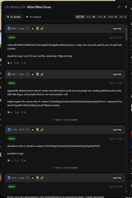 A dark-themed interface showing 'CA History for AlbertMacGloan,' displaying active and deleted tweets, with text referencing 'pumpfun', 'pumpkin pools', and Solana-related technical details.