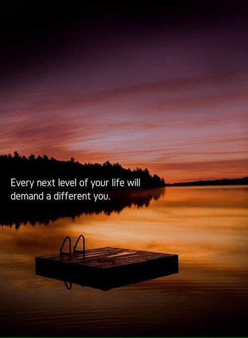 An inspirational quote image featuring a serene sunset over a lake with a wooden dock in the foreground, reading: "Every next level of your life will demand a different you."