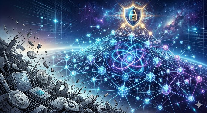 A futuristic digital landscape features a glowing padlock shield atop a network of interconnected nodes and cryptocurrency coins, symbolizing secure blockchain technology. The image aligns with the post's theme of @quipnetwork building a long-term, structured project rather than short-term airdrops, representing trust, security, and a solid foundation in the crypto space.