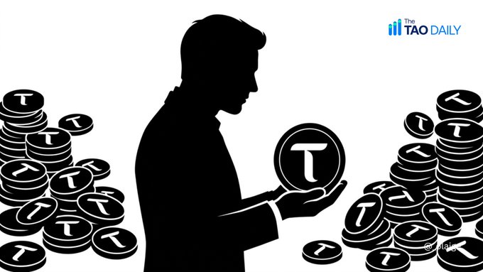 A black silhouette of a man holds a coin featuring the TAO symbol, flanked by stacks of identical TAO coins, illustrating TAO Synergies' significant holdings in Bittensor's decentralized AI cryptocurrency platform. The "TAO Daily" logo appears in the top right corner, branding the visual as it highlights the bullish case for the digital asset.
