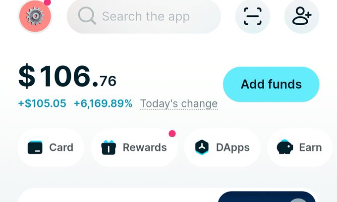 A digital wallet or app screen showing a balance of $106.76, with options for Card, Rewards, DApps, and Earn.