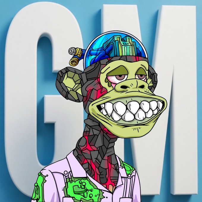 A cartoon-style illustration shows a green-skinned character with a wide toothy grin wearing a futuristic helmet with a clear dome revealing machinery inside, set against a blue background with large white letters spelling 'GM'.