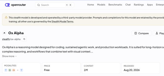 OpenRouter webpage displaying the 'Ox Alpha' (stealth/ox-alpha) model, a free reasoning model with 1M context, released Aug 20, 2026, marked as a stealth model.