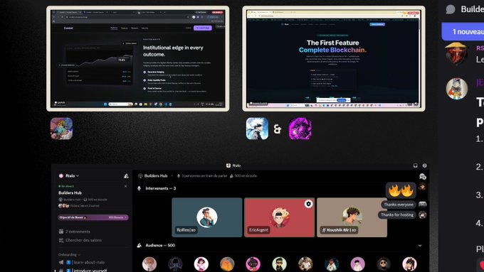 A Discord or similar voice chat interface showing multiple browser windows including 'Institutional edge in every outcome' and 'The First Feature Complete Blockchain', with participants Ry0nic10, ErikAgent, and Mouzh Bt I ø visible.