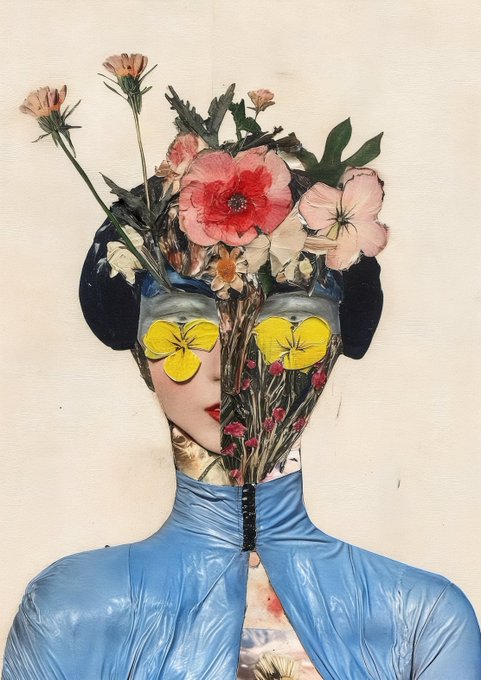 A surreal collage portrait of a woman in a blue garment whose face is covered with flowers, leaves, and yellow flowers over her eyes