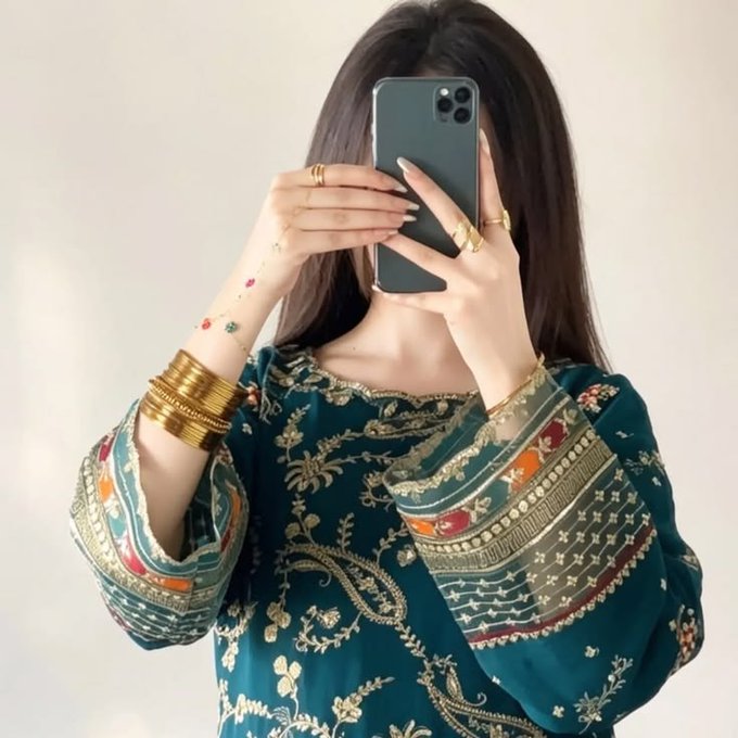 A person wearing a teal embroidered traditional outfit holds a dark smartphone in front of their face, showcasing gold rings, a delicate hand chain, and multiple gold bangles on their wrist.