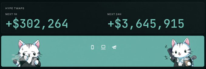 The image shows a "HYPE TWAPS" dashboard displaying +$302,264 in TWAPs for the next 1 hour and +$3,645,915 for the next 24 hours, flanked by two cartoon cat mascots. This visual supports the post's claim about substantial HYPE buy TWAPs continuing through the weekend, with the 24-hour figure of $3.6M directly matching the highlighted data point.