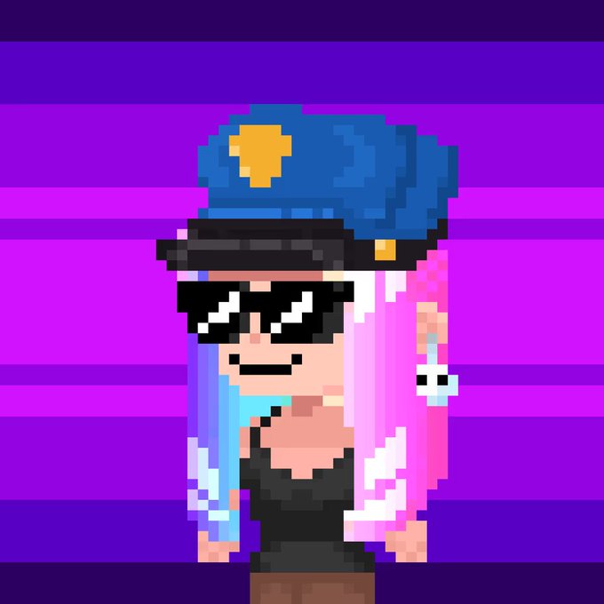 Pixel art illustration of a cute anime-style character with long pink hair, wearing sunglasses, a blue police hat with a badge, and a black top, set against a purple striped background.
