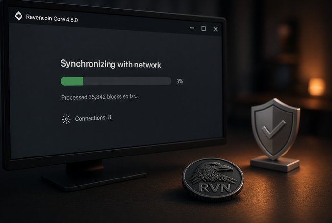 A computer monitor displays the 'Ravencoin Core 4.8.0' wallet synchronizing with the network at 8%, processing 35,842 blocks with 8 connections, accompanied by a physical 'RVN' Ravencoin token and a security shield icon on the desk.