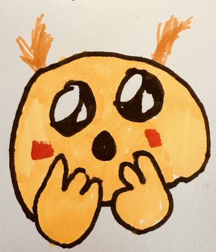 A hand-drawn, wide-eyed orange character emoji with small antennae, blushing cheeks, and hands held up near its face, created in a childlike art style as part of a collection of custom kid-drawn emojis.