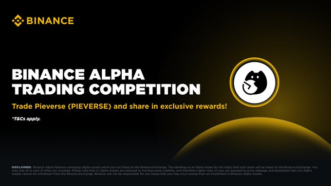 A Binance promotional banner for the "Binance Alpha Trading Competition" invites users to trade Pieverse (PIEVERSE) and share in exclusive rewards, featuring the Binance logo and a circular Pieverse emblem against a black background with a yellow crescent graphic, complementing the post's announcement of a $200K reward pool and a new 1.2x Rising Trader Boost for qualified Alpha competition traders.