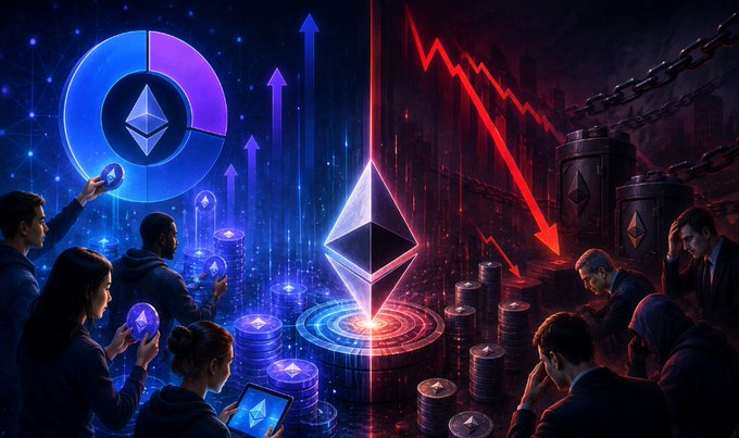 A digital illustration depicting Ethereum (ETH) cryptocurrency, split between a blue bullish side with people and a red bearish side with a downward arrow and figures chained to ETH coins.