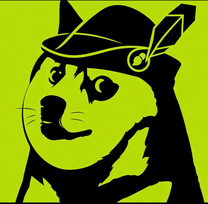 A stylized graphic illustration of a black cat or dog wearing a hat with a feather, set against a bright lime green background.
