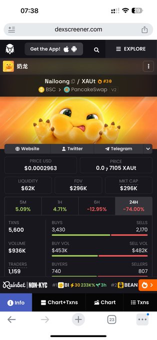 The image shows a Dexscreener page for the token "Nailoong" (a cute dragon meme coin) on PancakeSwap (BSC), currently priced at $0.000029863 with a market cap of $296K, down -74% in 24 hours. This relates to the post about fellow traders still chasing Nailoong, with the chart showing 1,159 traders—many of whom likely entered around the $1M market cap mark given the steep 74% decline from the token's recent high.