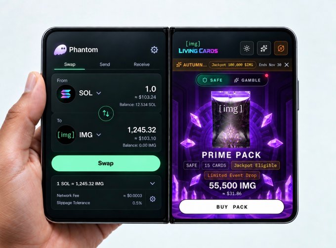 Person holding an unfolded dual-screen device showing the Phantom crypto wallet swapping 1 SOL to 1,245.32 IMG on the left screen and Living Cards 'PRIME PACK' event costing 55,500 IMG on the right screen.