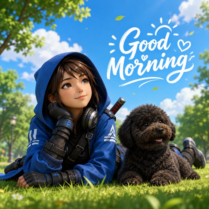 An anime-style illustration shows a girl in a blue hooded jacket with headphones around her neck lying on grass next to a fluffy brown dog, with the text 'Good Morning' written in stylized white lettering against a blue sky.