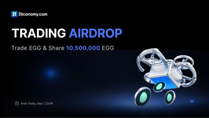 A promotional banner for "Biconomy.com" advertising a "TRADING AIRDROP" to trade EGG and share 10,500,000 EGG, ending September 7.
