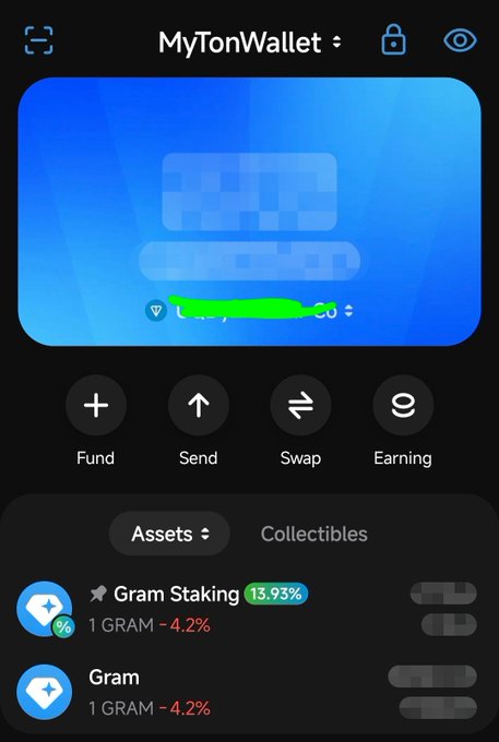 A screenshot of the MyTonWallet app displays a blue wallet card, navigation buttons for Fund, Send, Swap, and Earning, and assets showing 'Gram Staking' with a 13.93% return and 'Gram' with a -4.2% change.