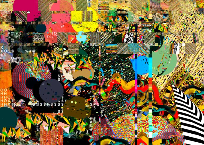 An abstract digital collage filled with colorful shapes, glitch effects, scattered symbols, and overlapping patterns in vibrant reds, yellows, blues, and greens.