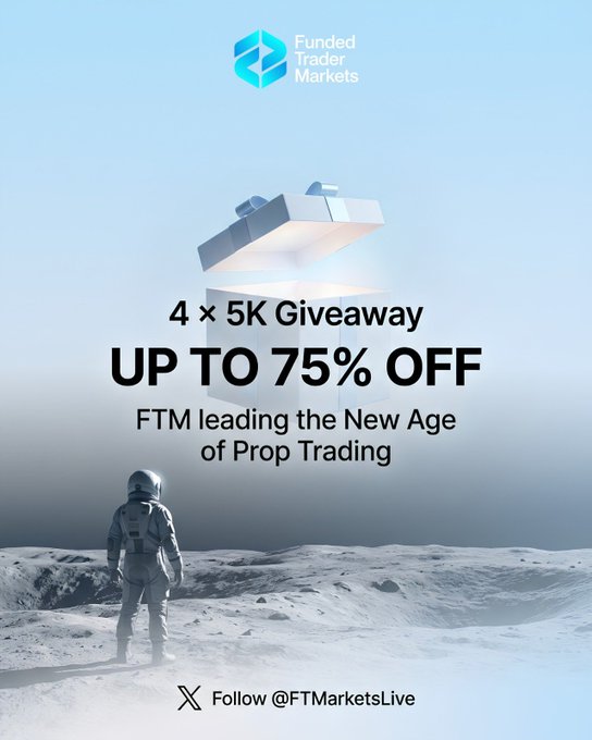 A promotional graphic from Funded Trader Markets featuring an astronaut on a lunar landscape gazing at a gift box, advertising a "4 × 5K Giveaway" with "UP TO 75% OFF" and the tagline "FTM leading the New Age of Prop Trading," directing viewers to follow @FTMarketsLive on X (Twitter) to enter the giveaway.