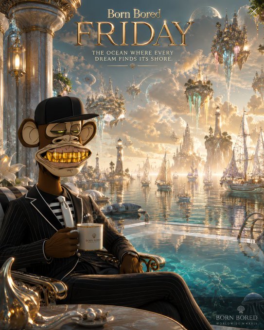 A dapper, cigar-smoking Bored Ape character in a pinstripe suit sits elegantly on an ornate chair, holding a "BORN BORED" coffee cup, set against a dreamlike backdrop of floating islands, ships, and a glowing harbor with the text "Born Bored FRIDAY - The Ocean Where Every Dream Finds Its Shore." The post pairs with the "Gm Web3 Champion" message, celebrating Friday as a moment to pause, enjoy the journey, and reflect on both progress made and adventures ahead in Web3.