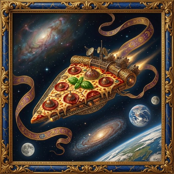 A framed, ornate digital artwork depicts a slice of pizza topped with basil leaves and pepperoni, outfitted with steampunk-style rocket engines and satellites, soaring through a cosmic scene with galaxies, planets, and Earth.