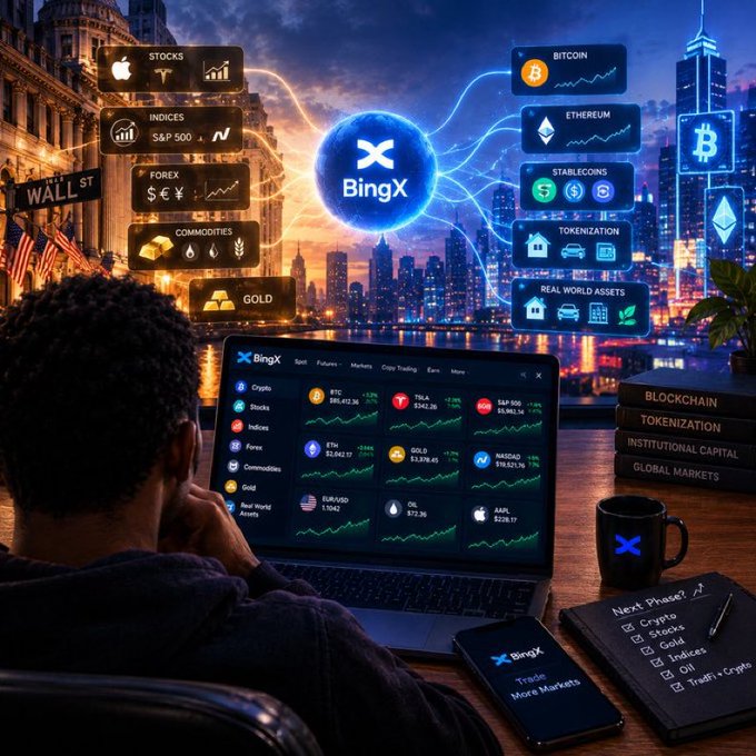 A promotional image for BingX showing a person looking at a laptop displaying crypto and stock trading interfaces, with floating categories like 'STOCKS', 'BITCOIN', 'ETHEREUM', 'GOLD', and 'TOKENIZATION'.