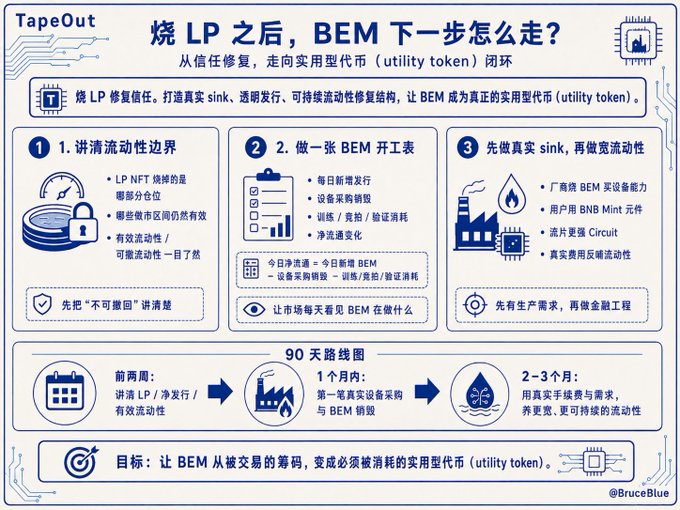 The image is a Chinese-language infographic titled "烧LP之后，BEM 下一步怎么走？" (After burning LP, what's BEM's next step?), outlining a strategy to transform BEM from a tradable token into a utility token through real sink mechanisms, with three main pillars—clarifying liquidity boundaries, creating a BEM production-workflow table, and prioritizing real sinks before expanding liquidity—culminating in a 90-day roadmap aimed at making BEM a token that must be consumed rather than merely traded. This visual supports the post's argument that BEM's value should be built through internal protocol mechanisms rather than short-term hype or financial tactics.