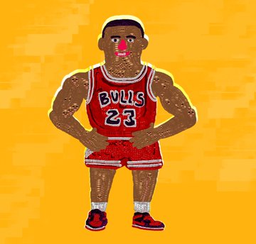 A pixel-art style illustration portrays a muscular man in a red 'BULLS 23' basketball uniform with glowing red eyes, standing against a yellow background.