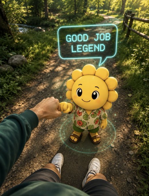 A person fist-bumps a cheerful cartoon sunflower character wearing a floral Hawaiian shirt and sandals on a sunlit forest path, with a glowing speech bubble reading 'GOOD JOB LEGEND'.