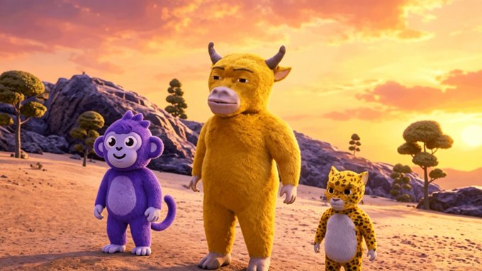 Three 3D animated characters—a purple monkey, a yellow bull-like creature, and a small leopard—standing together on a sandy beach at sunset.
