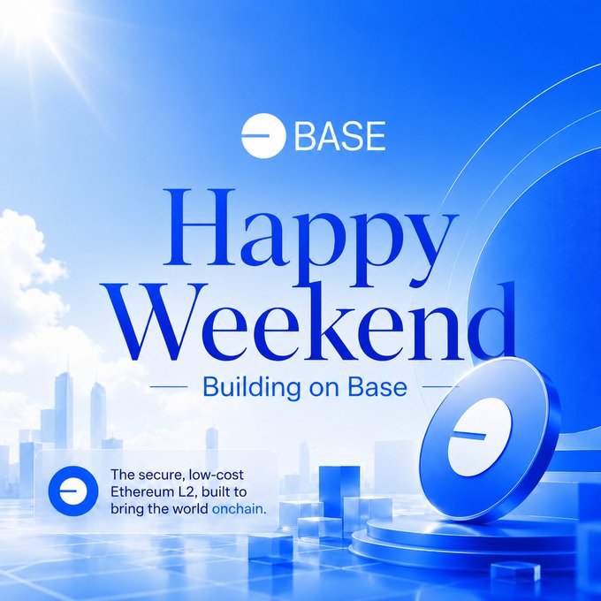 The image features a blue base logo with the text "Happy Weekend" written above it. Below this, there are two blocks of different sizes placed next to each other, creating an interesting visual effect. The background shows a cityscape with buildings under a clear sky, providing context for the scene depicted in the image.