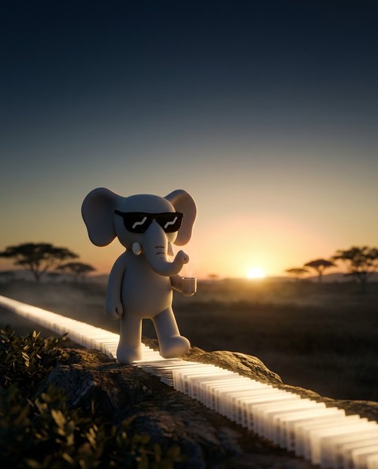 A 3D-rendered cartoon elephant wearing black sunglasses and holding a small cup, walking along an illuminated path at sunset in a savanna landscape.