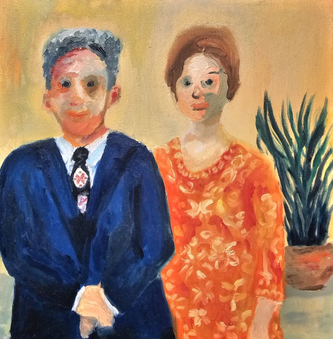 A painting depicts a couple standing side by side—the man in a blue suit with a floral tie and the woman in a vibrant orange patterned dress—next to a potted plant, matching the "Mr Blue & Mrs Orange" theme of the post.