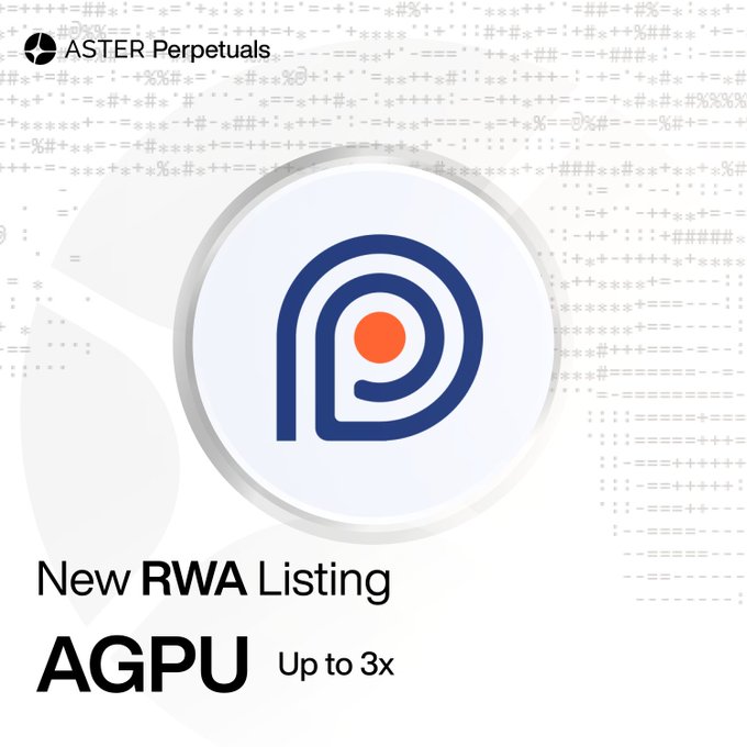 A promotional graphic features the ASTER Perpetuals logo and announces a 'New RWA Listing' for 'AGPU Up to 3x' against a background patterned with faint technical symbols.