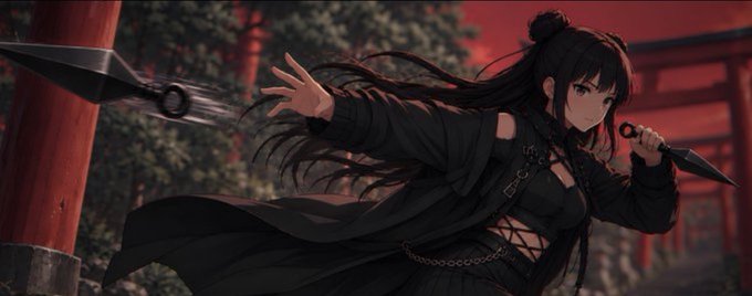 An anime-style illustration of a young woman with long black hair, wearing a black outfit with chain details, wielding a large, bladed weapon against a backdrop of red torii gates.