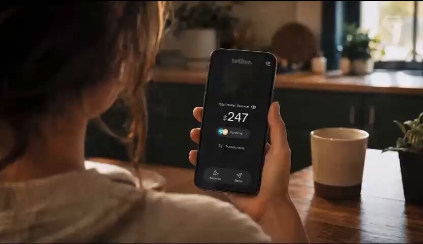 The image shows a woman holding up her cell phone, which displays an alert with the number "247" on its screen. The background of the image features a kitchen setting with various items such as potted plants, cups, and a dining table.
