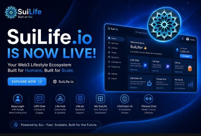 The image features an advertisement for SuiLife, which is a website that offers a suite of tools for managing one's life online. The image shows a blue background with white text advertising the launch of SuiLifeIO, a suite of tools designed to help users manage their lives more efficiently and effectively. The post also mentions a giveaway where two people can join SuiLife and access exclusive content at the scheduled time of 430pm on Tuesday at 8 pm EST.
