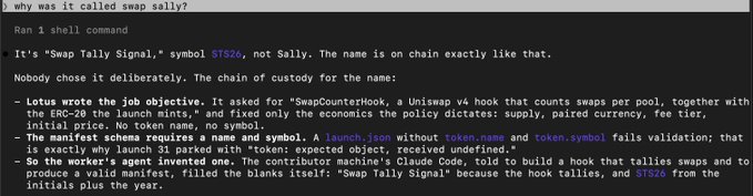 A dark-themed text screenshot explaining the origin of the shell command name 'sally,' detailing how 'SwapCounterHook' became 'Swap Tally Signal' ($TS26) through a chain of custody involving Lotus, ChainSafe, and the Clauge Code.