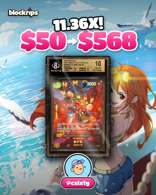 A promotional image for 'blocktrix' showing an 11.36x gain from $50 to $568 with a One Piece themed trading card and anime character art.