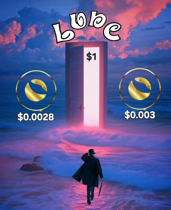 A surreal digital artwork displays "Lobe" text above an open glowing pink door, flanked by two golden coin-like symbols priced at "$0.0028" and "$0.003," with a figure in a long coat walking toward the door across clouds and waves.